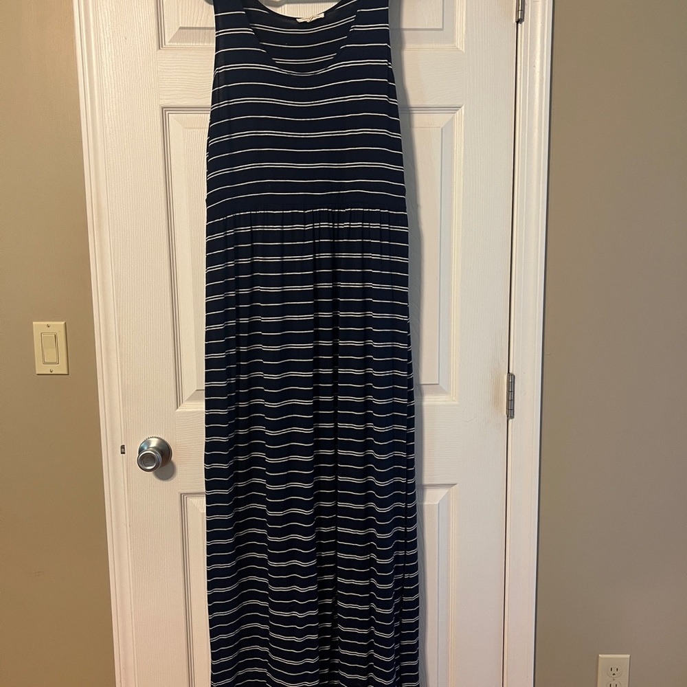 Navy and white striped sleeveless maxi dress